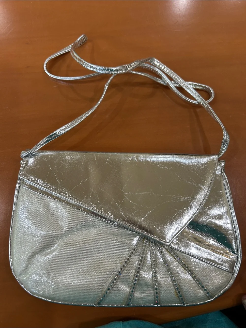Stuart Weitzman Metallic Silver Envelope Clutch with Crystal Fan Detail